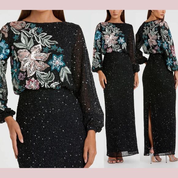 NEW Mac Duggal [ 2 ] 5615 Embellished Multicolor Floral High Neck Gown BLACK‎ - Picture 1 of 16